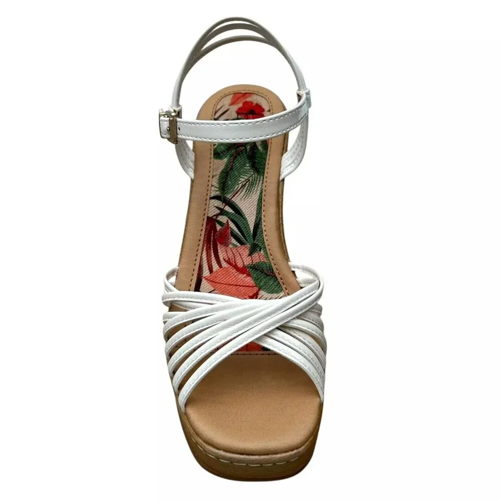 BOC Catalina Women's Platform Wedge Sandal Size 8 White/Tan‎ Glossy Straps Twist